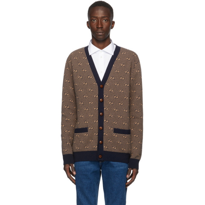 Photo: Gucci Navy and Beige Wool GG Stripe Cardigan