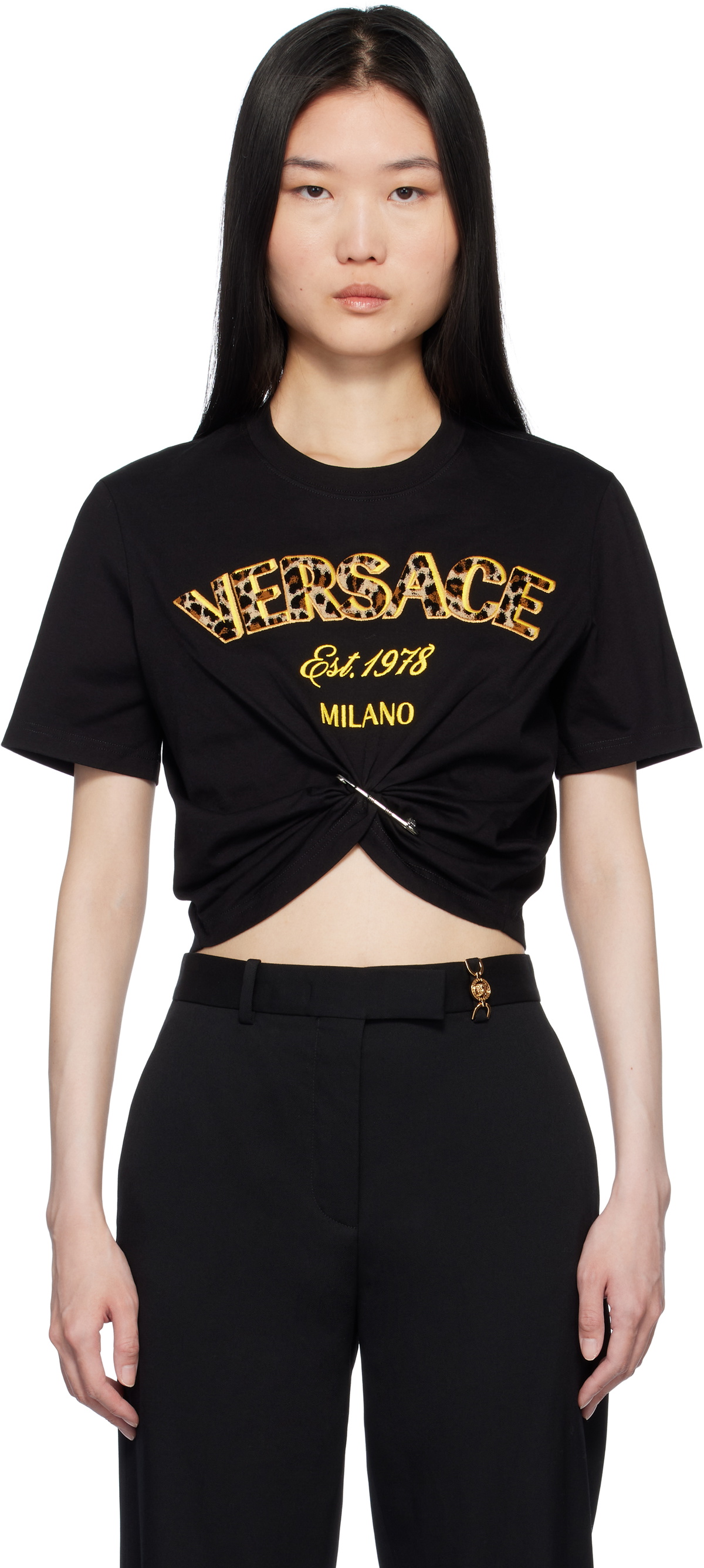Versace Black Wild Stamp Safety Pin Crop T-shirt Versace