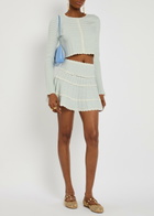 Loveshackfancy Media Striped Stretch-knit Cropped Cardigan White And Blue
