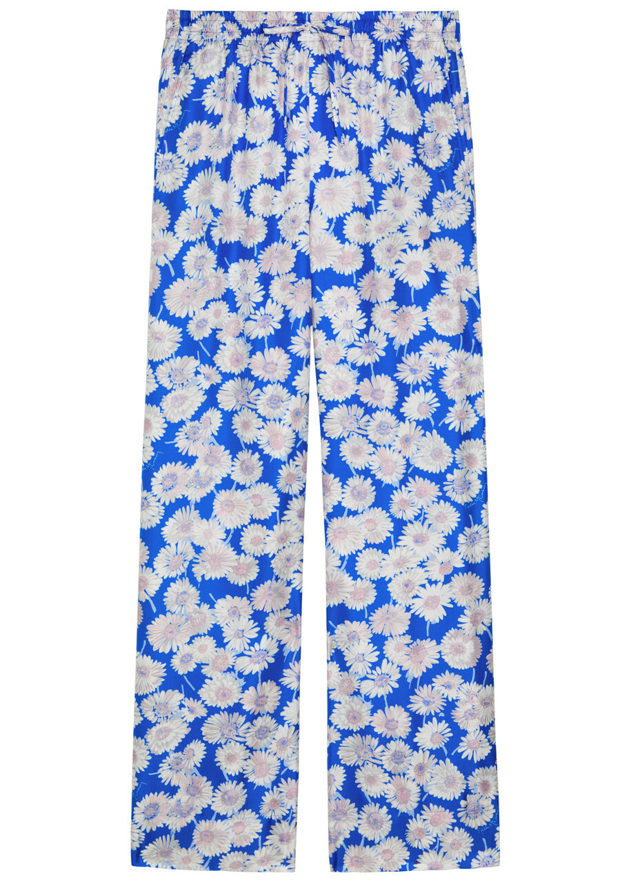 Stella Mccartney Daisy Floral-print Straight-leg Silk Trousers Blue