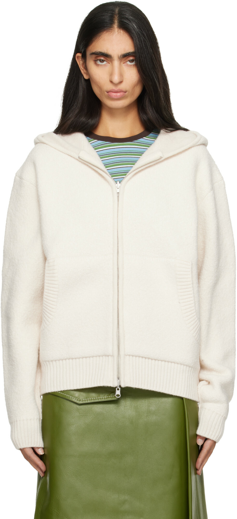 COOR Off-White Reversible Boucle Knit Zip Hoodie