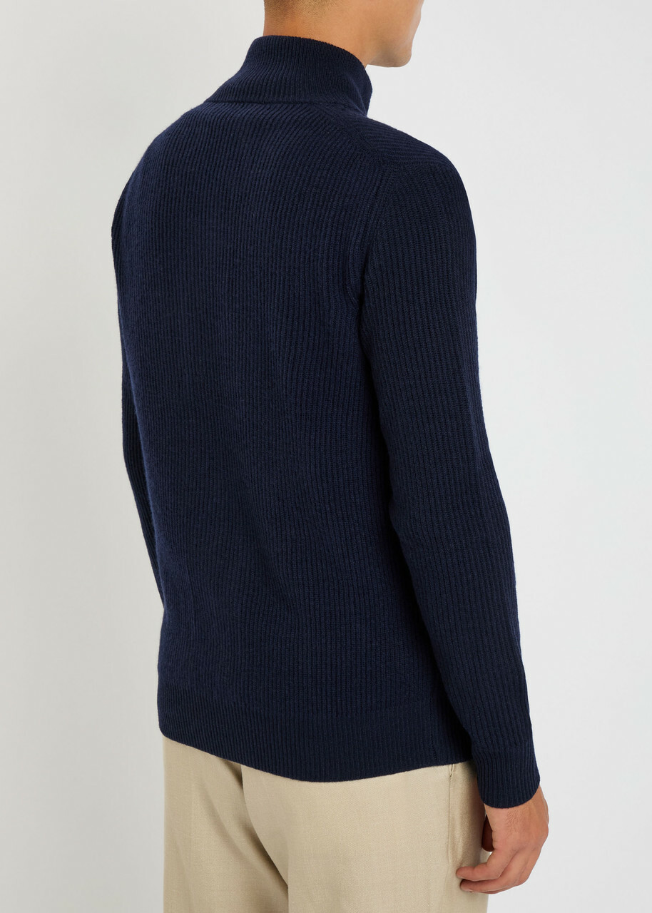 Aurélien Ribbed-knit Wool and Cashmere-blend Cardigan Navy