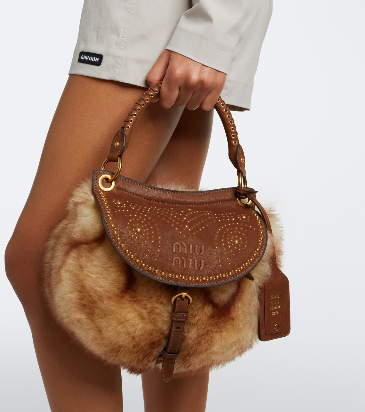 Miu Miu Rendez-vous studded shearling tote bag