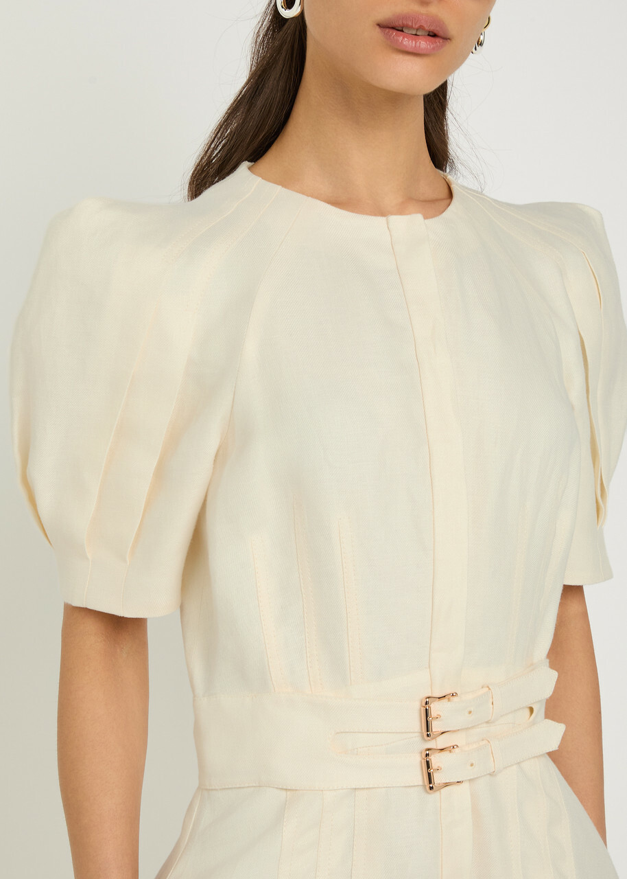 Gabriela Hearst Patricia Belted Linen Midi Dress Ivory