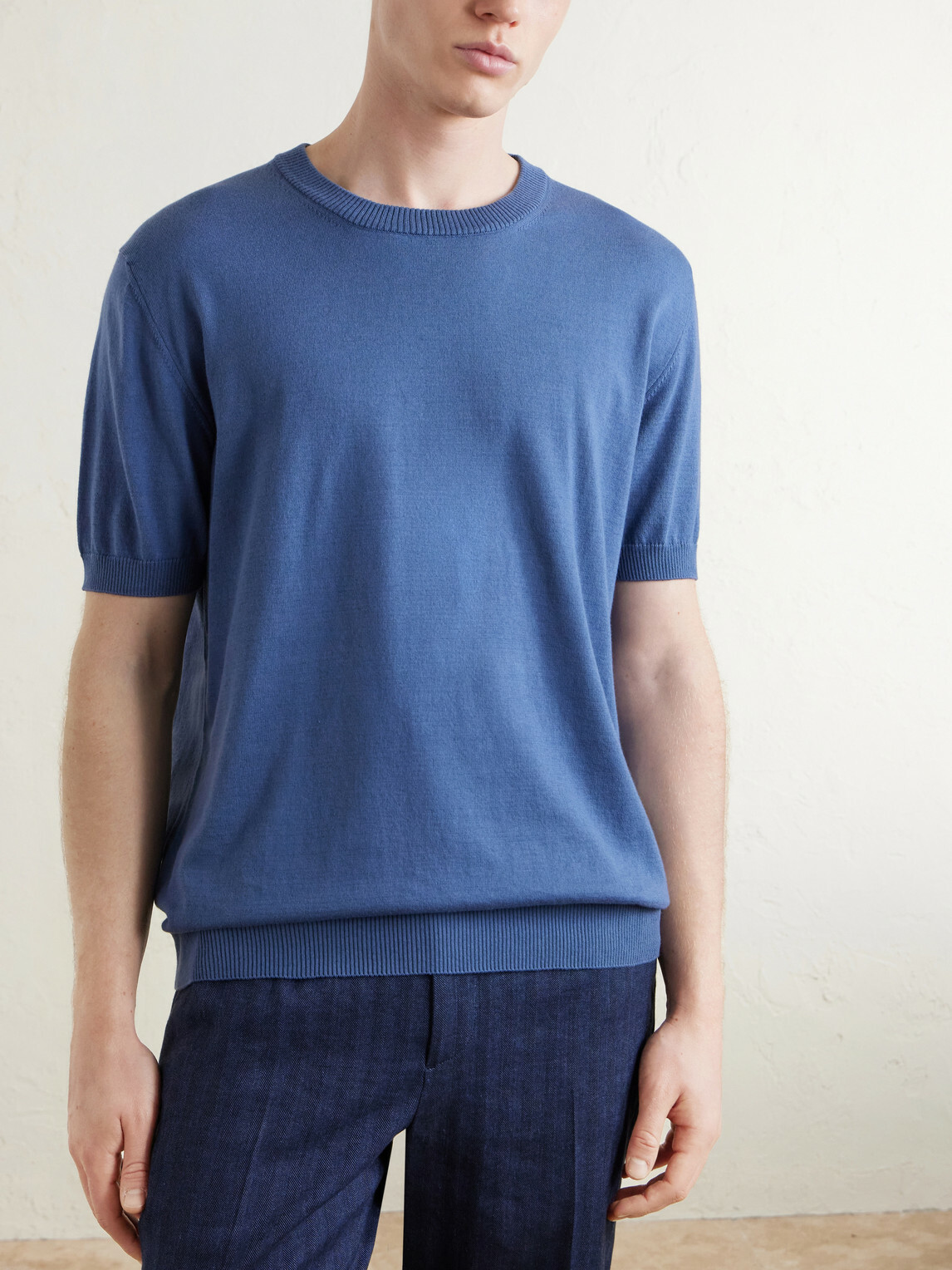 J MUESER - Knitted Cotton T-Shirt - Blue