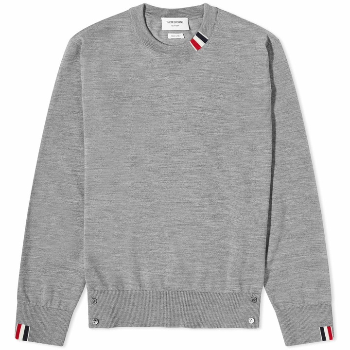 Photo: Thom Browne Men's Intarsia Stripe Crew Knit in Light Grey