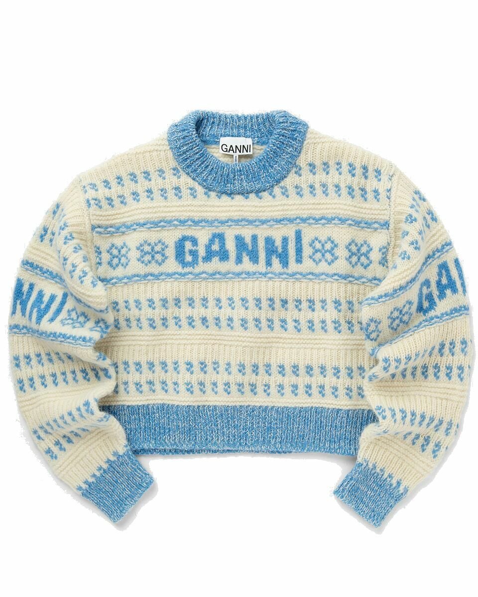 Photo: Ganni Graphic Lambswool Cropped O Neck Blue/Beige - Womens - Pullovers