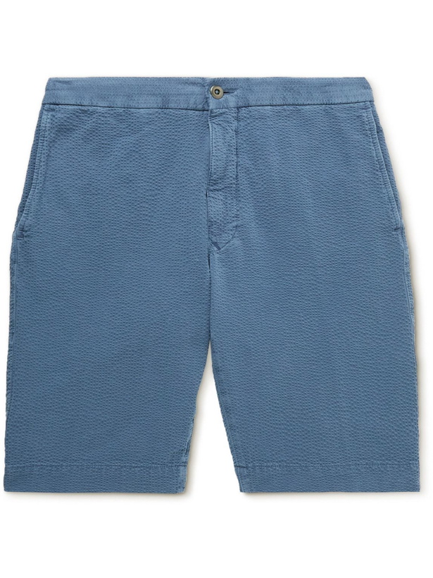Photo: Incotex - Straight-Leg Cotton-Blend Seersucker Bermuda Shorts - Blue