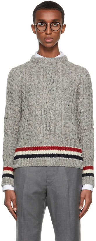 Photo: Thom Browne Grey Donegal Filey Cable RWB Stripe Sweater