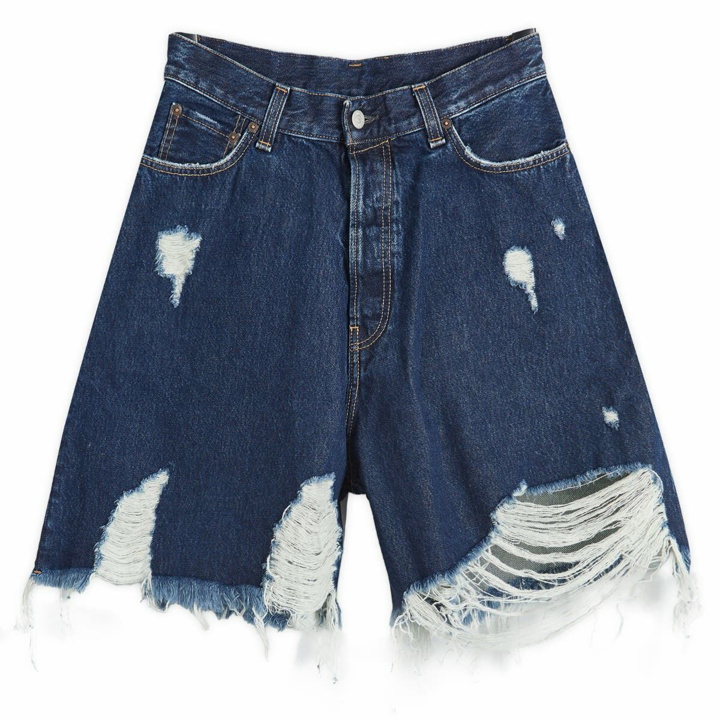 Photo: Acne Studios Women's Shredded Denim Shorts in Mid Blue