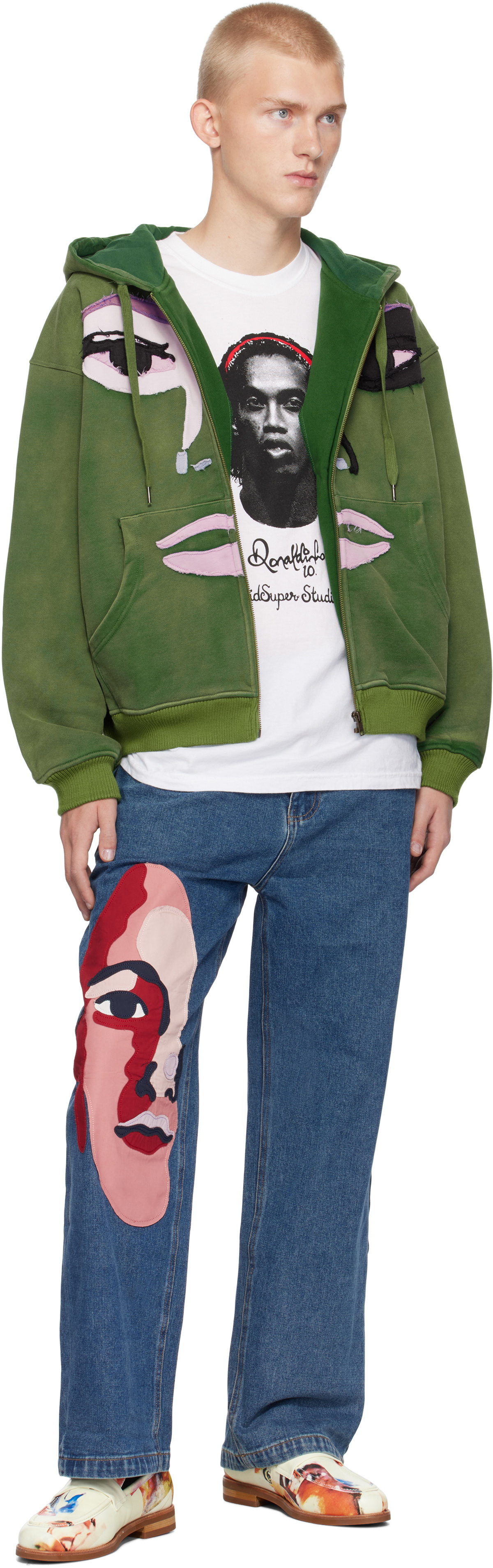 KidSuper Green Patchwork Face Washed Zip Hoodie