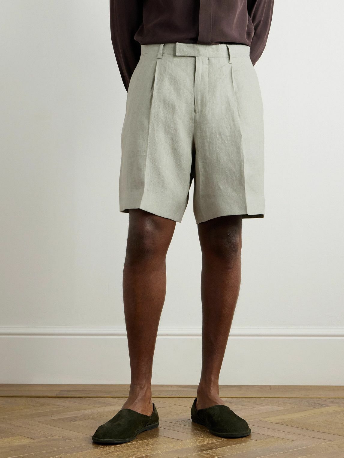 Lardini - Aramis Straight-Leg Pleated Linen-Twill Bermuda Shorts - Green