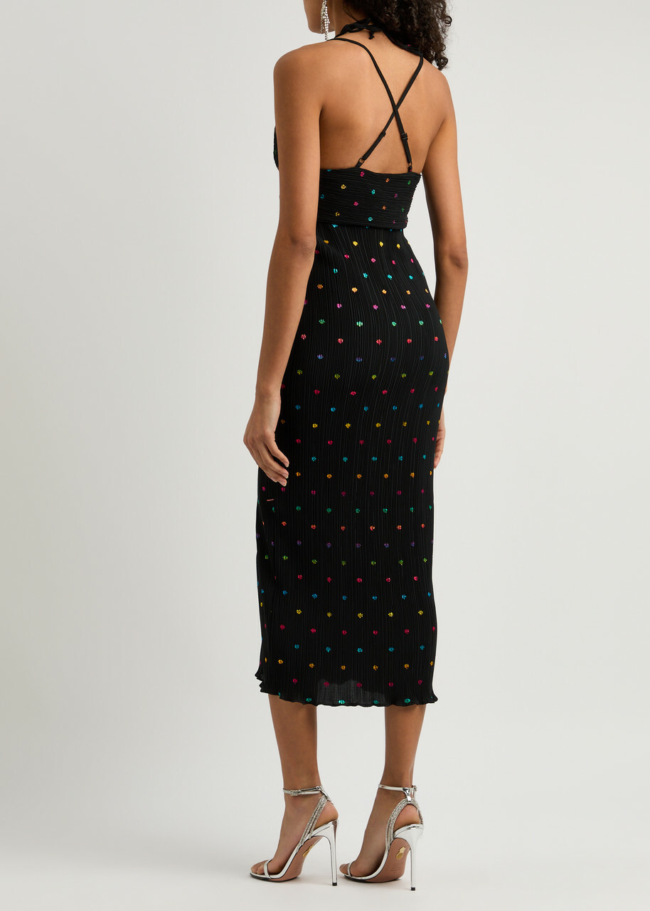 Never Fully Dressed Megan Plissé Printed Chiffon Midi Dress Black