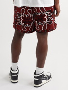 AMIRI - Wide-Leg Leather-Trimmed Bandana-Print Fleece Drawstring Shorts - Burgundy
