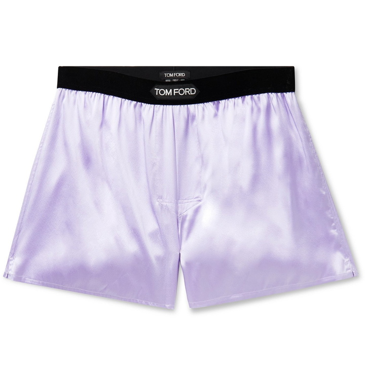 Photo: TOM FORD - Velvet-Trimmed Stretch-Silk Satin Boxer Shorts - Purple