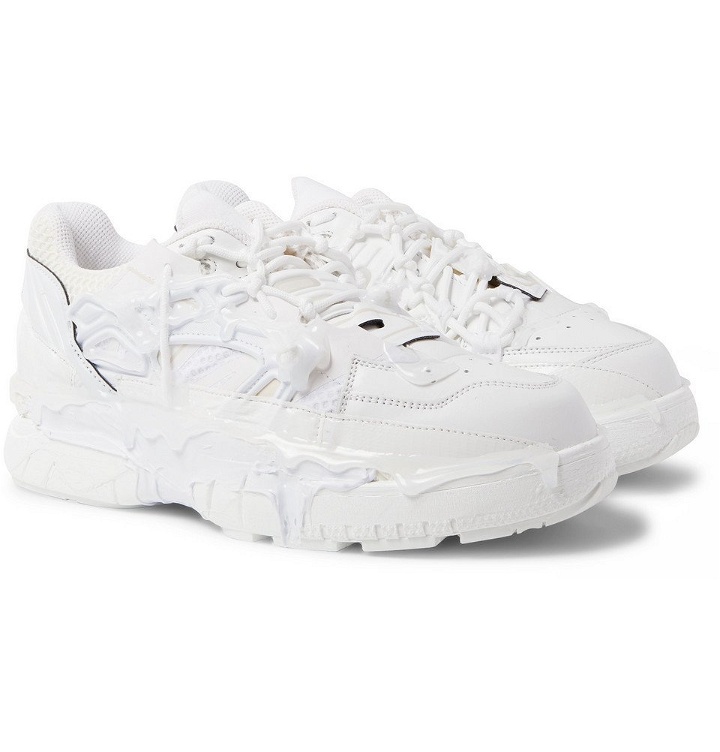 Photo: Maison Margiela - Fusion Rubber-Trimmed Distressed Leather Sneakers - White