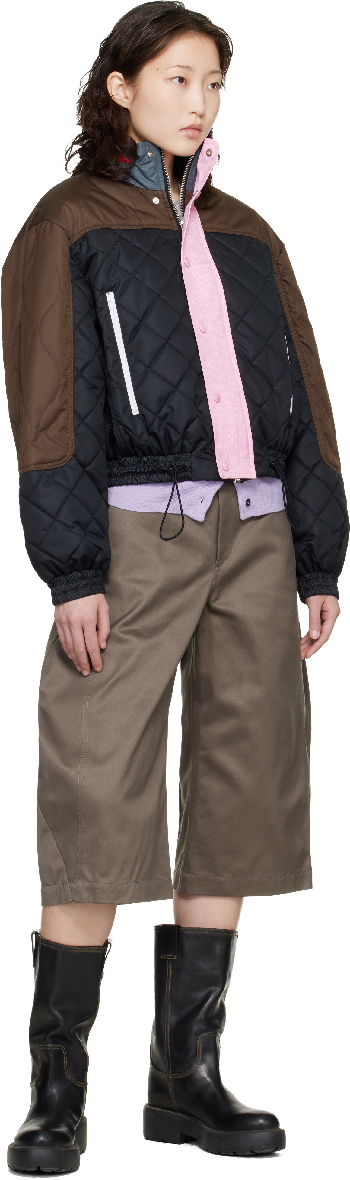 Meryll Rogge Black & Brown Quilted Track Bomber Jacket