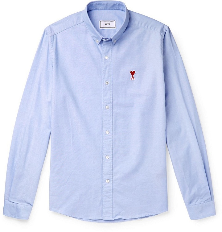 Photo: AMI - Button-Down Collar Logo-Appliquéd Cotton Oxford Shirt - Blue