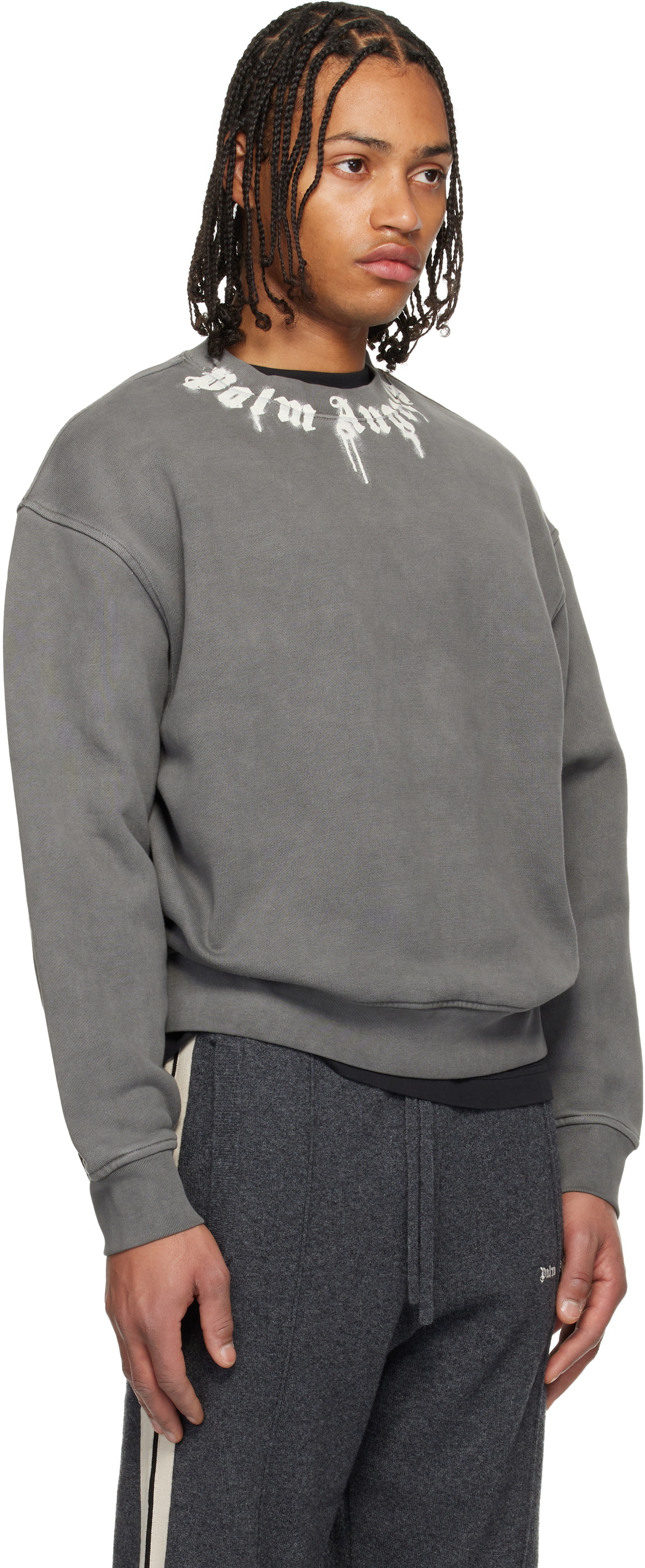 Palm Angels Gray Neck Logo Regular Crewneck Sweatshirt
