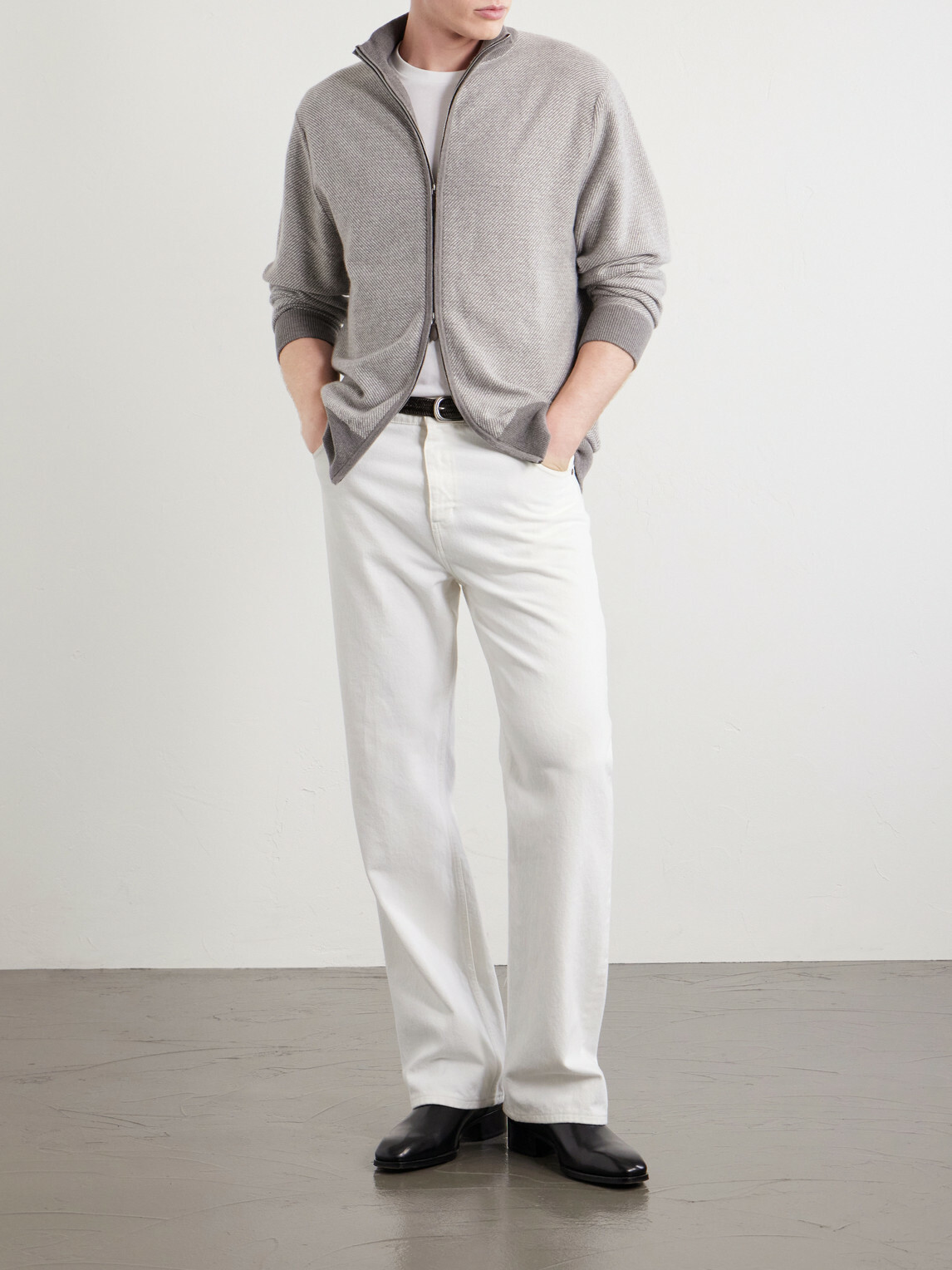 N.PEAL - Birdseye Textured Organic Cashmere Zip-Up Cardigan - Gray