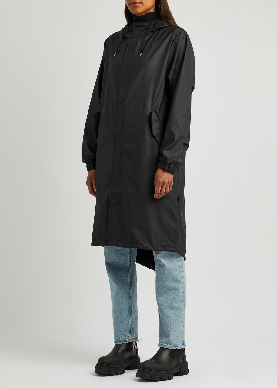 Rains Fishtail Hooded Rubberised Parka, Parka, Black, Storm Flap
