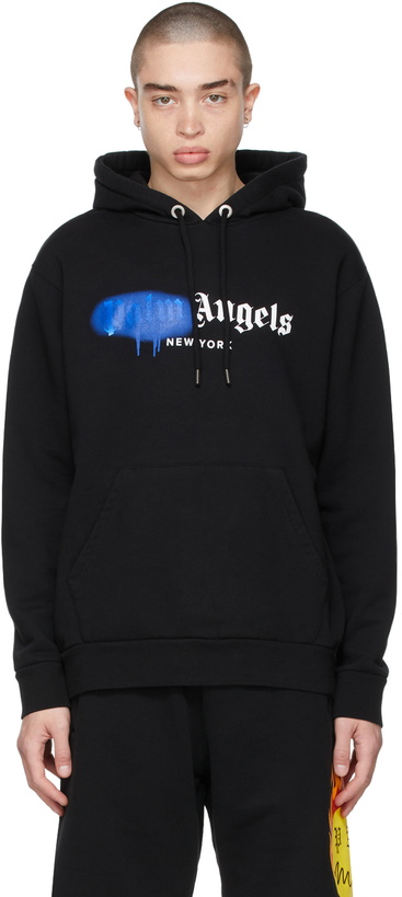 Photo: Palm Angels Black & Blue Sprayed Logo 'New York' Hoodie