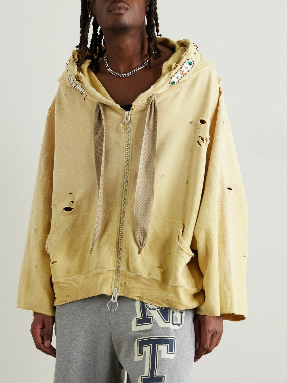 KAPITAL - Embelished Distressed Cotton-Jersey Zip-Up Hoodie