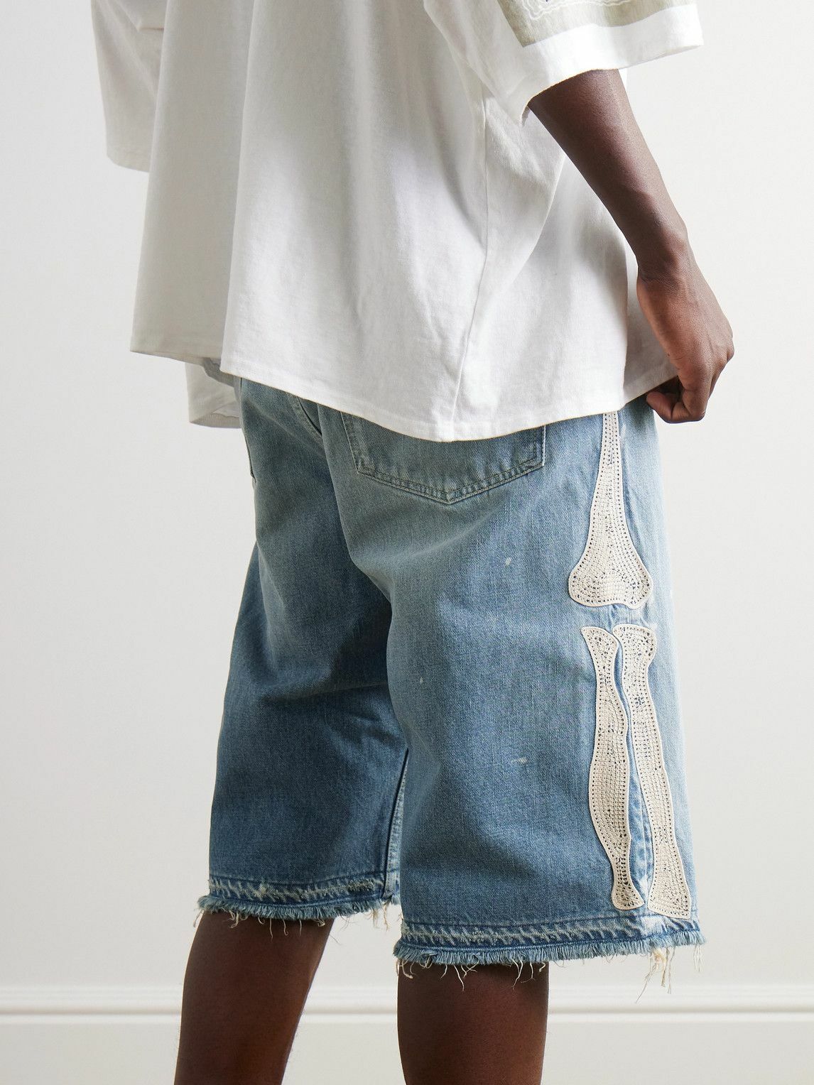 KAPITAL - Straight-Leg Appliquéd Distressed Denim Shorts - Blue