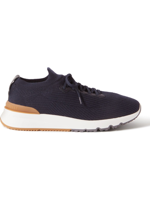 Photo: BRUNELLO CUCINELLI - Leather-Trimmed Stretch-Knit Sneakers - Blue