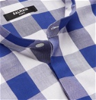 BALMAIN - Grandad-Collar Checked Cotton-Poplin Shirt - Blue
