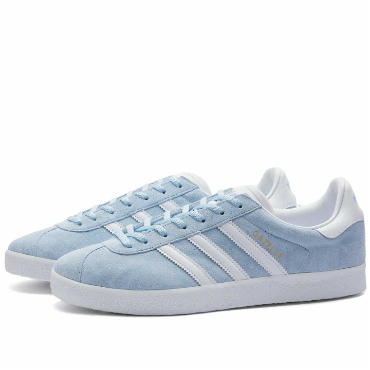 Photo: Adidas Men's Gazelle 85 Sneakers in Clear Sky/White/Gold