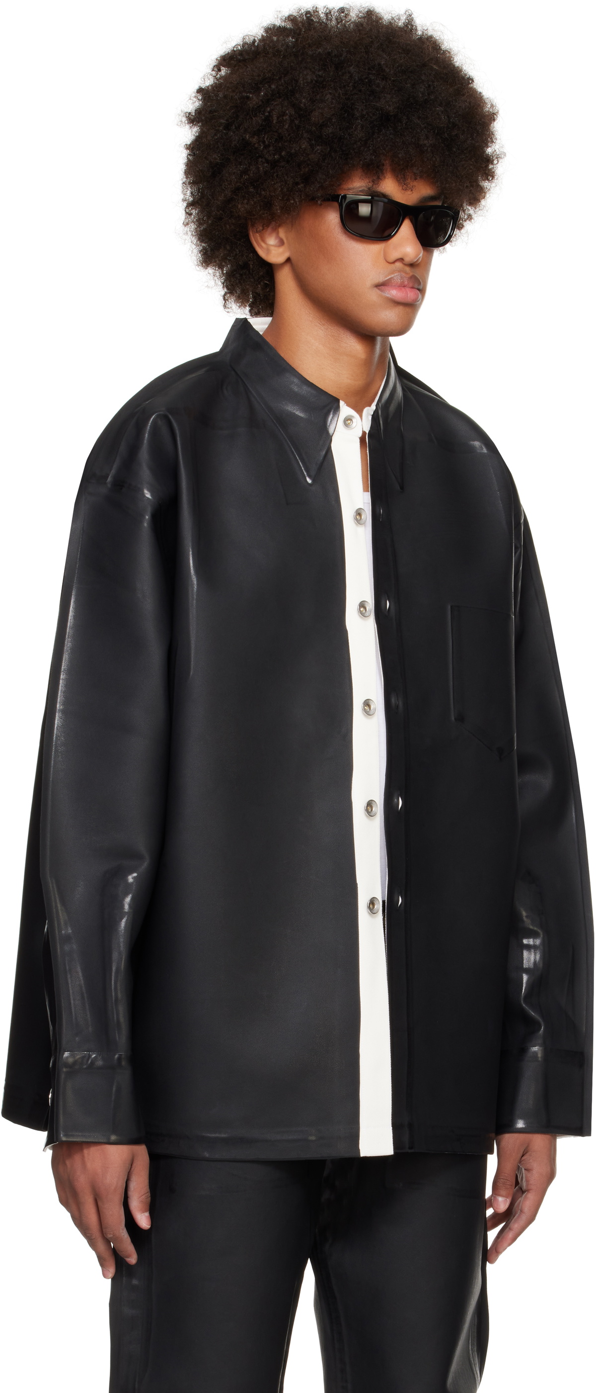 Karmuel Young Black Overprinted PU Leather Square Shirt