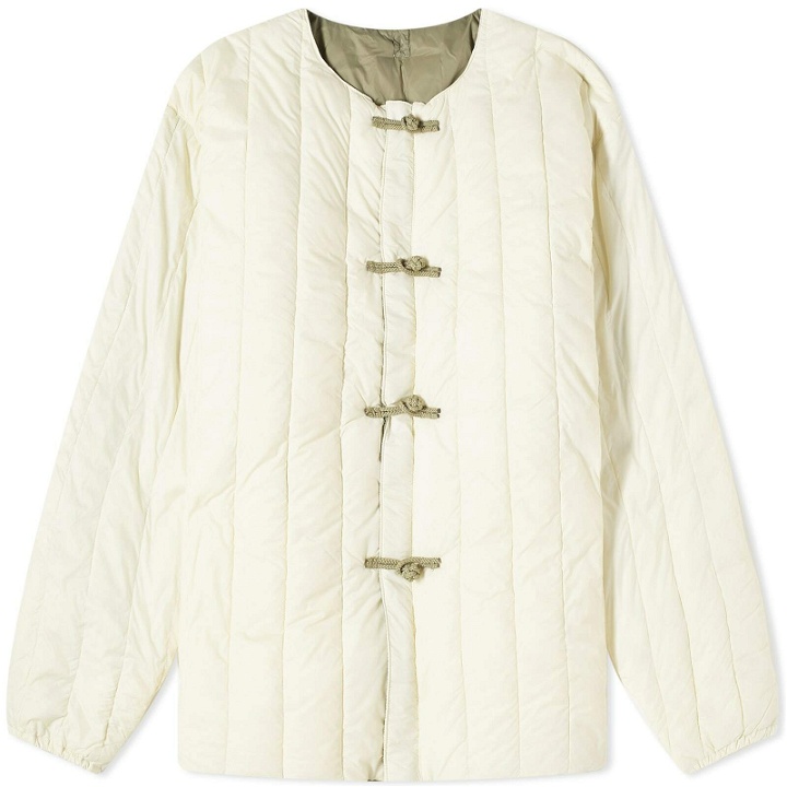 Photo: Taion Men's x Beams Lights Reversible Inner Down Jacket in Off White/Sage