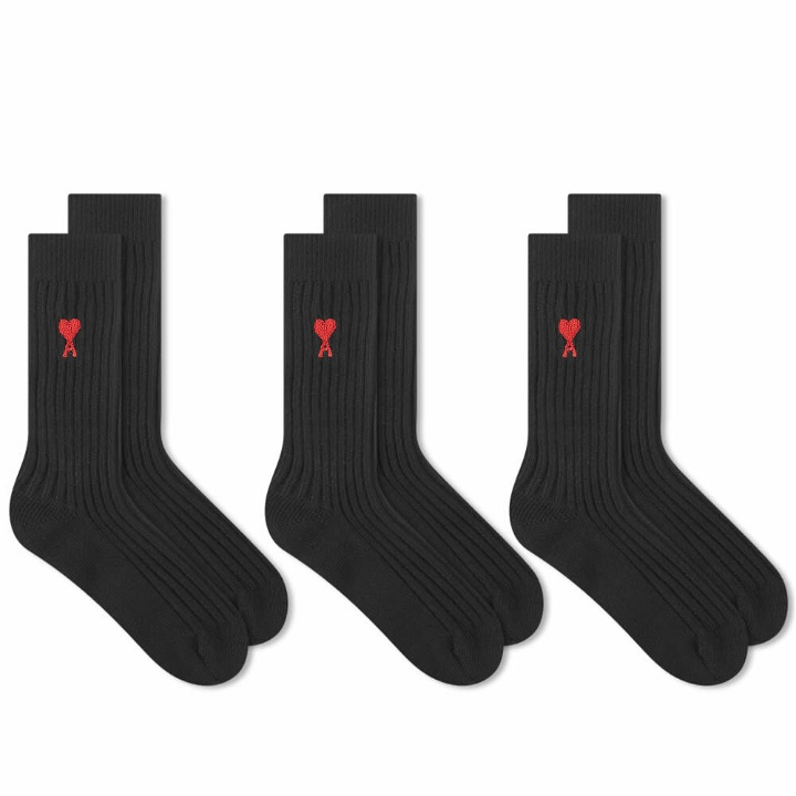Photo: AMI Men's Small A Heart Sock - 3 Pack in Black