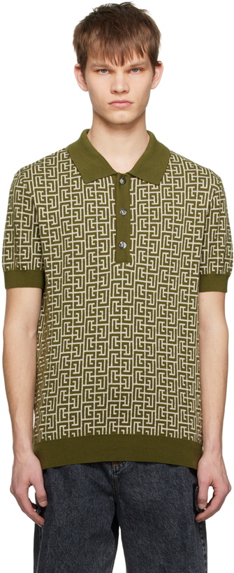 Photo: Balmain Khaki Monogram Polo