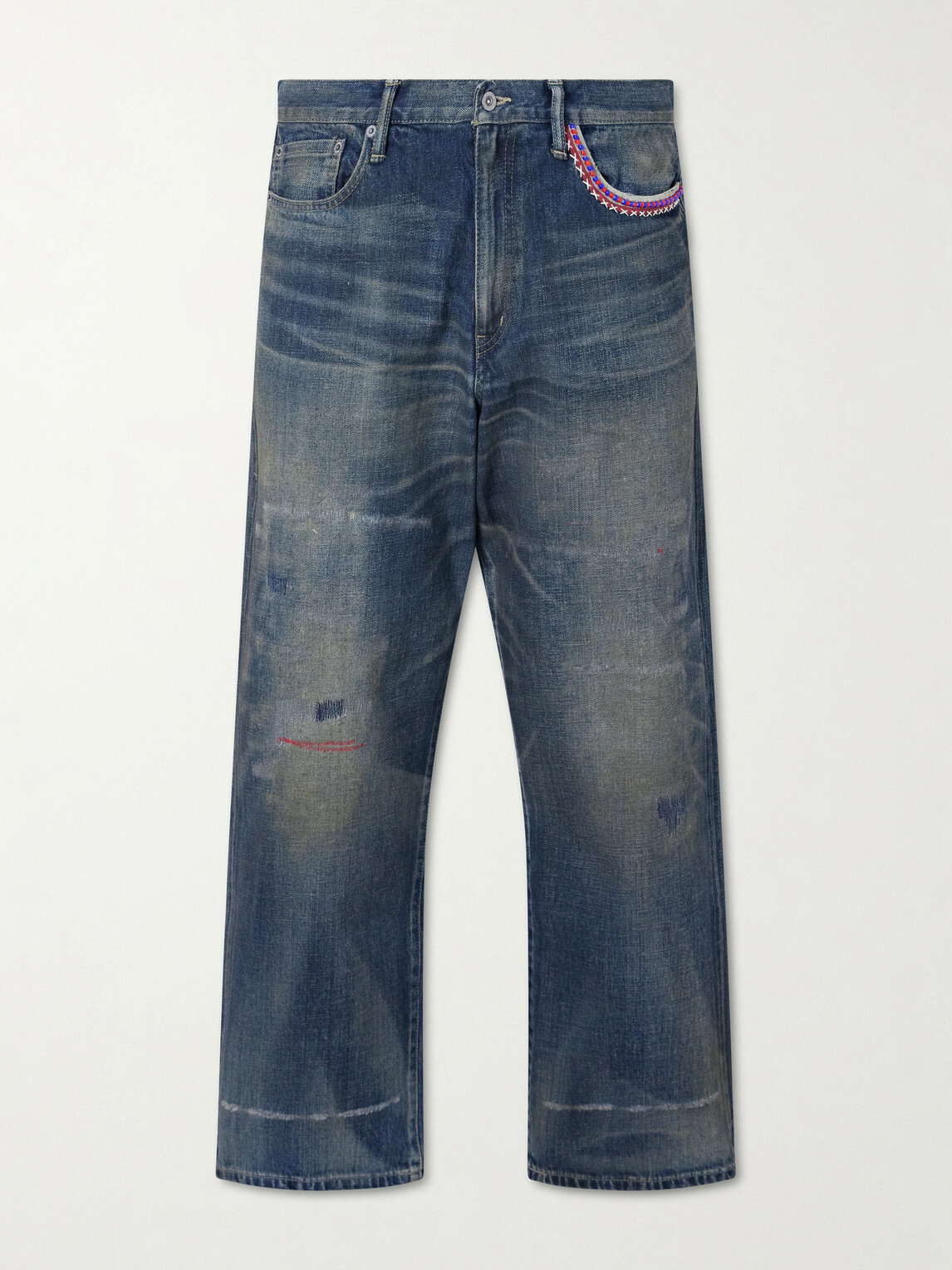 Neighborhood - Savage Wide-Leg Bead-Embellished Distressed Jeans - Blue