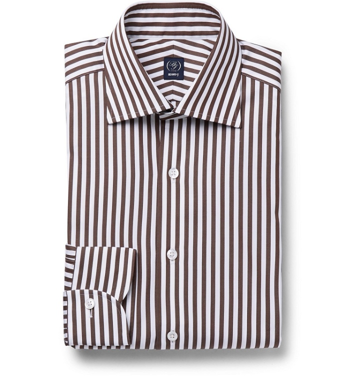Photo: Beams F - Brown Slim-Fit Striped Cotton-Poplin Shirt - Brown