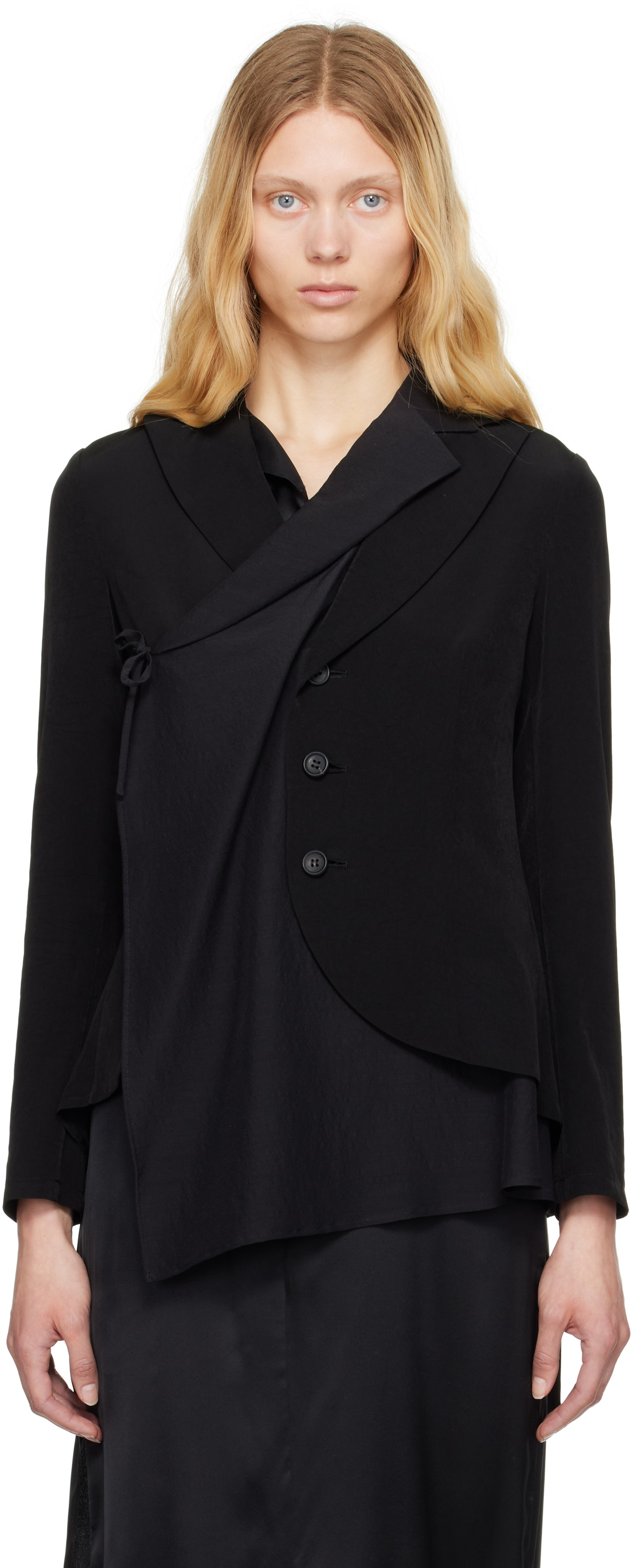 YOHJI YAMAMOTO Black Crepe De Chine 2 Layered Wrap Blazer
