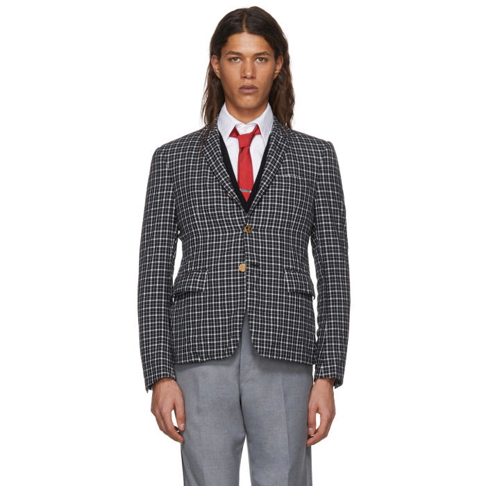 Photo: Thom Browne Black and White Distressed Tartan High Armhole Blazer 