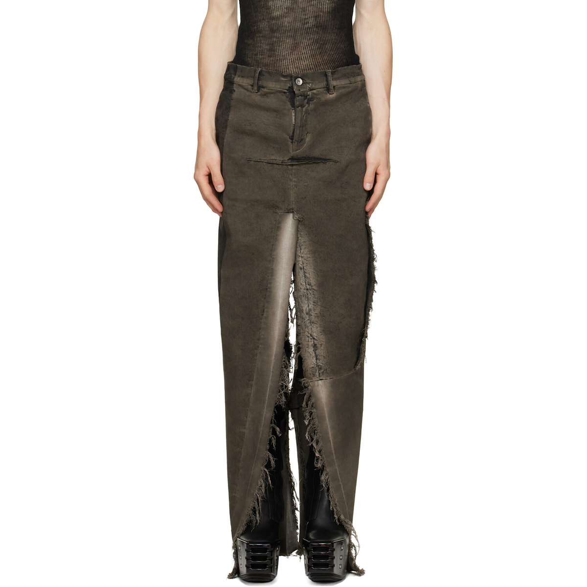 Rick Owens Gray Tower Sliced Denim Maxi Skirt