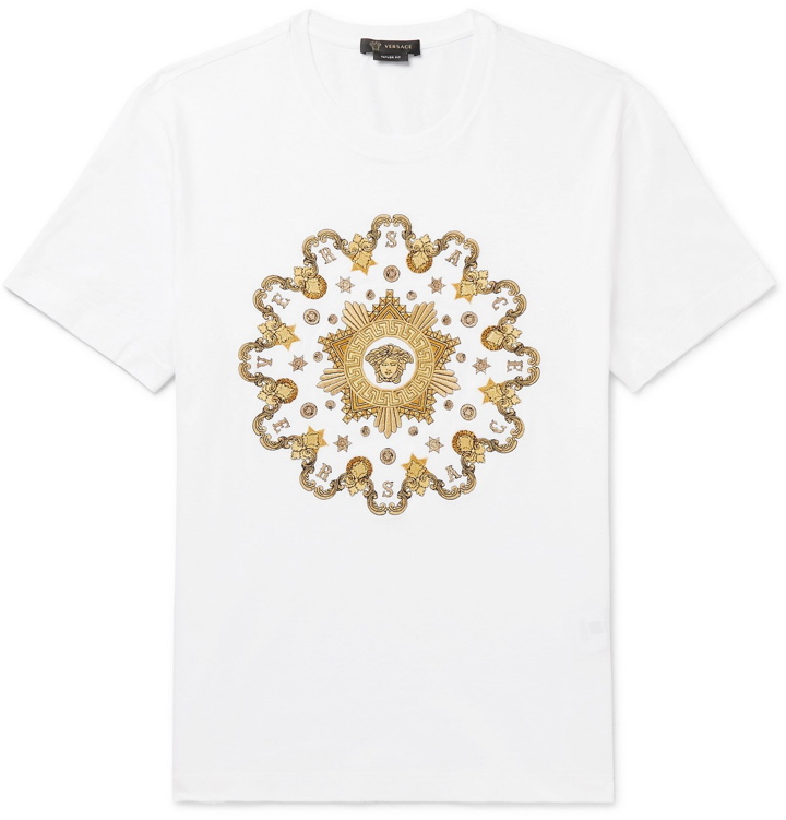 Photo: Versace - Slim-Fit Metallic Embroidered Cotton-Jersey T-Shirt - White