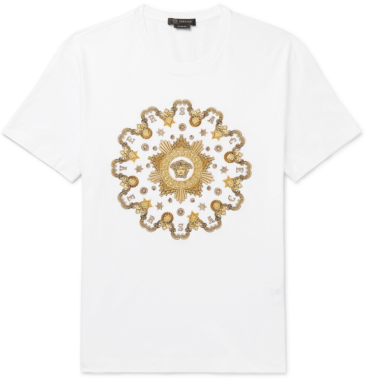 Photo: Versace - Slim-Fit Metallic Embroidered Cotton-Jersey T-Shirt - White