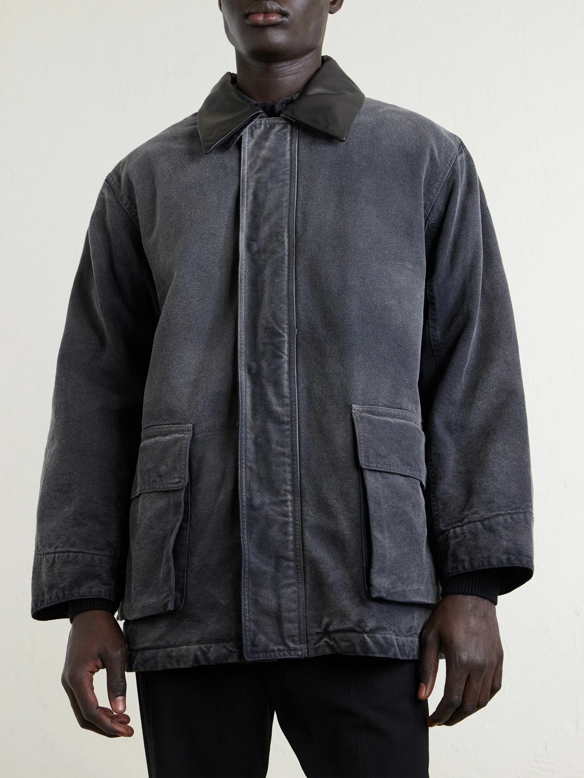 Auralee - Leather-Trimmed Garment-Dyed Organic Cotton-Canvas