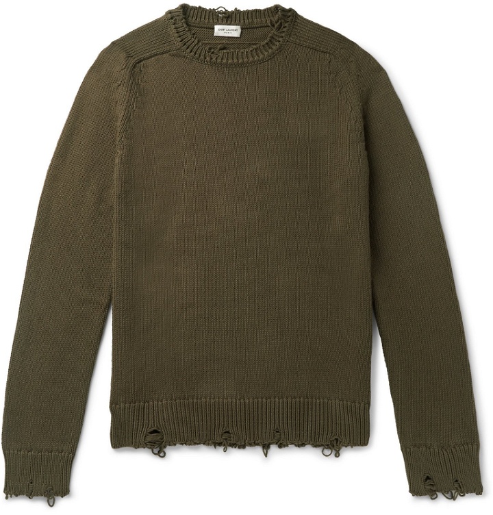 Photo: SAINT LAURENT - Slim-Fit Distressed Ribbed Cotton Sweater - Green