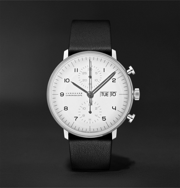 Photo: Junghans - Limited Edition Max Bill Chronoscope 40mm Stainless Steel and Leather Watch and Table Clock Set, Ref No. 363/2919.01 - White