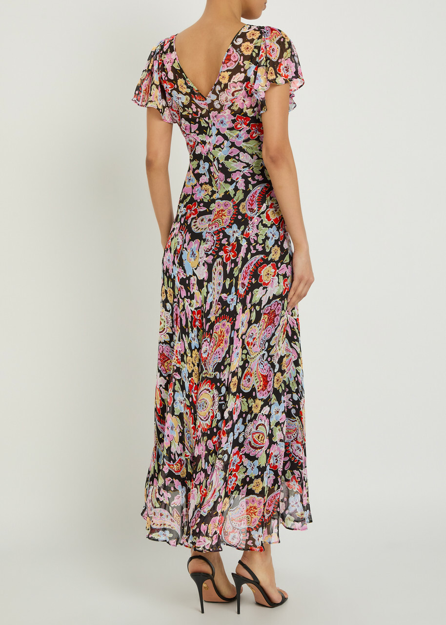 Rixo Bexley Metallic Floral Chiffon Maxi Dress Multicoloured