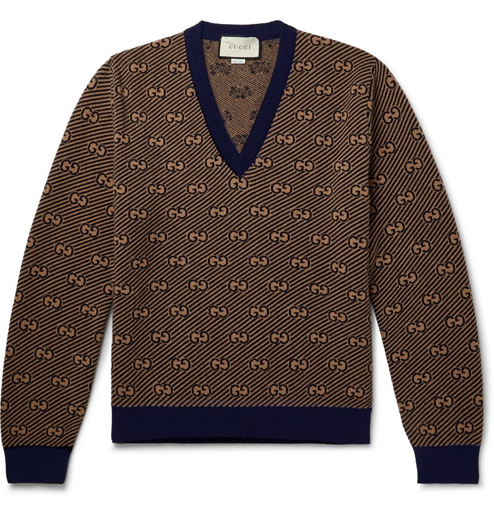 Photo: Gucci - Logo-Jacquard Wool and Cashmere-Blend Sweater - Blue