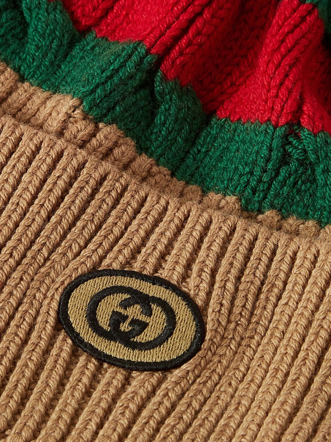 GUCCI - Cable-Knit Striped Wool Beanie - Brown Gucci