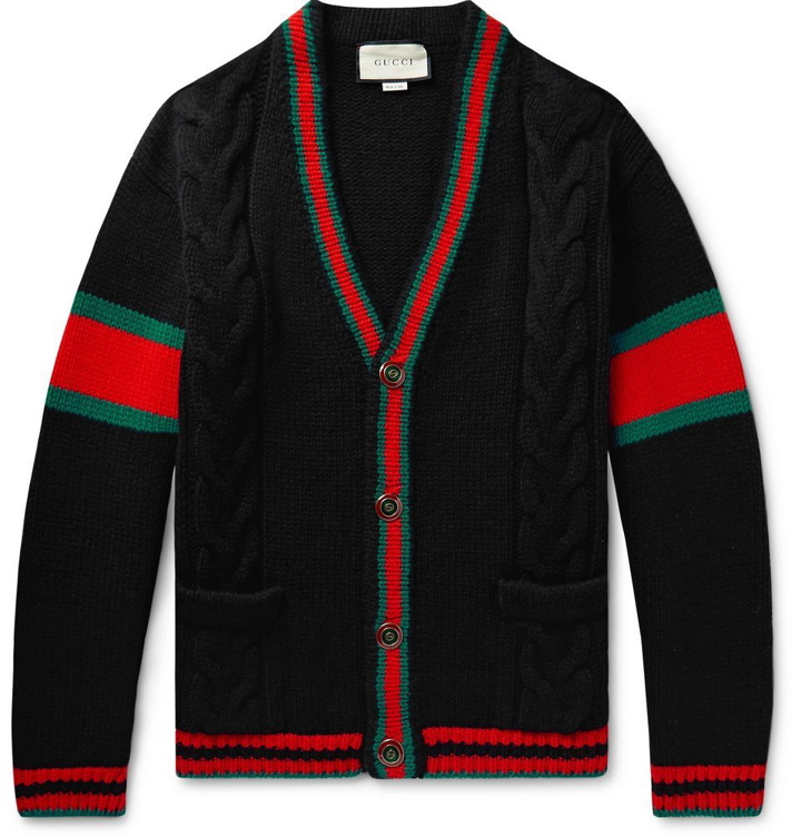 Photo: Gucci - Stripe-Trimmed Cable-Knit Wool Cardigan - Men - Black