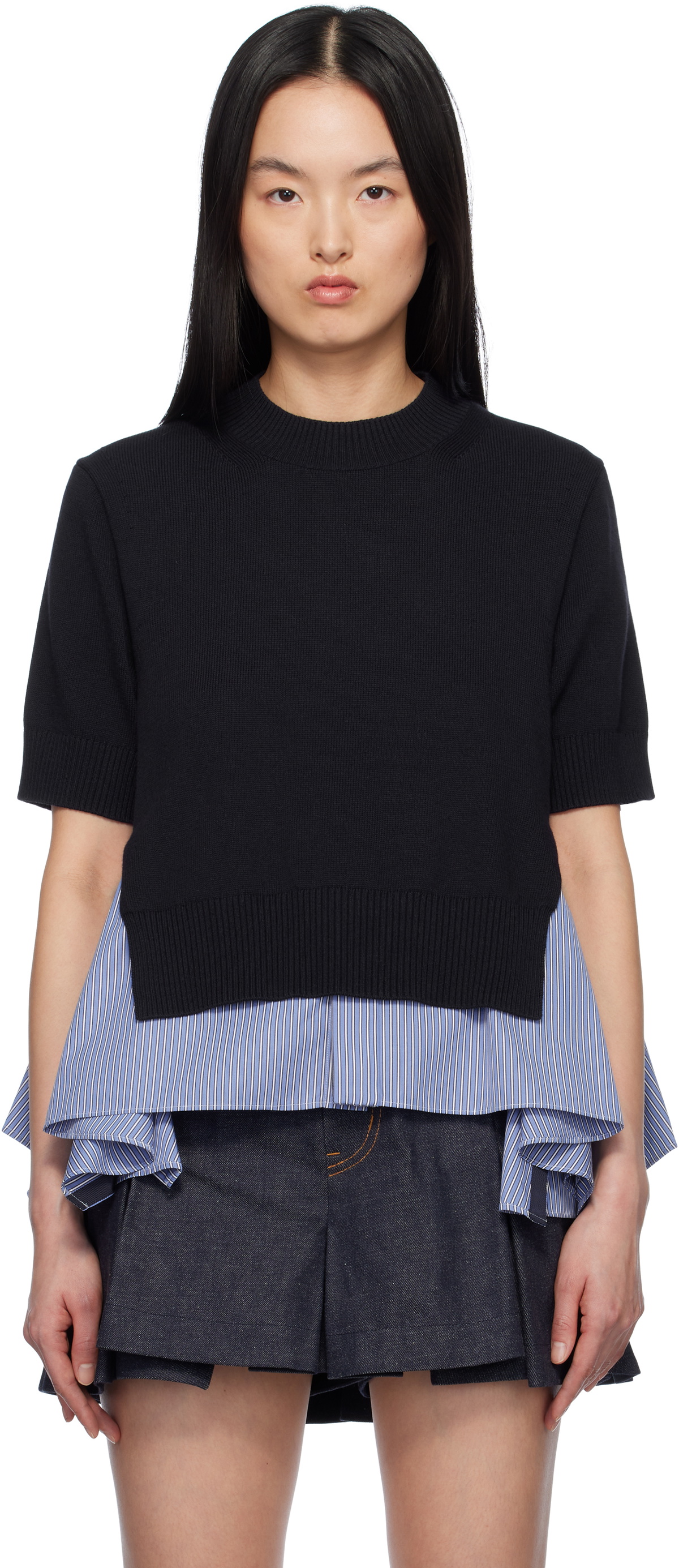 sacai Suiting Pullover ¥59,400 Black Sponge Sweat x Nylon Twill Pullover Sweatshirt by